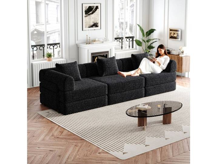 Canapé convertible 3 places AESVAR en chenille noire avec rangement accoudoir modulable