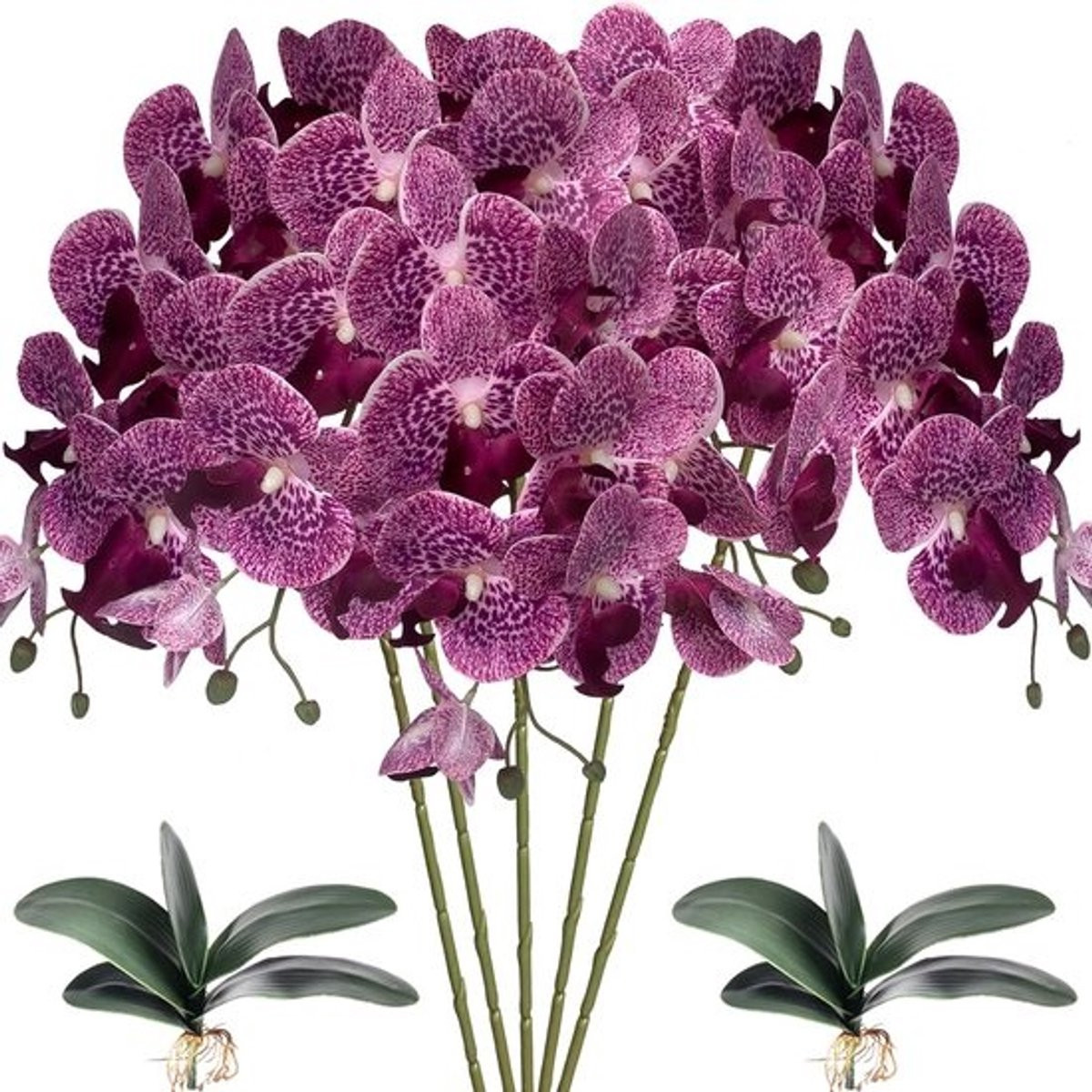 Set van 5 kunstmatige paarse orchideeën met bladeren voor decoratie