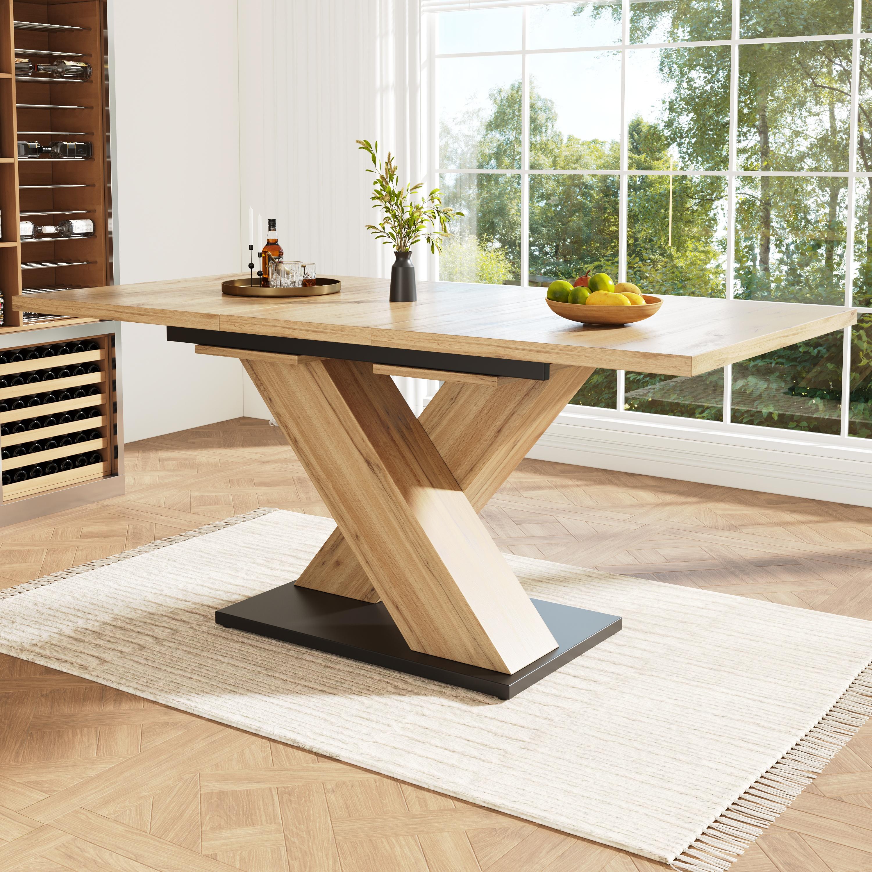 Fortuna Lai Esstisch Teleskoptisch (119-158,5×80cm), Tisch, Küchentisch, Ausziehtisch, mit Hilfe innenliegender Einlegeplatten auf 119-158,5cm ausziehbar, für Küche und Wohnzimmer, Holzfarbener Esstisch mit gekre
