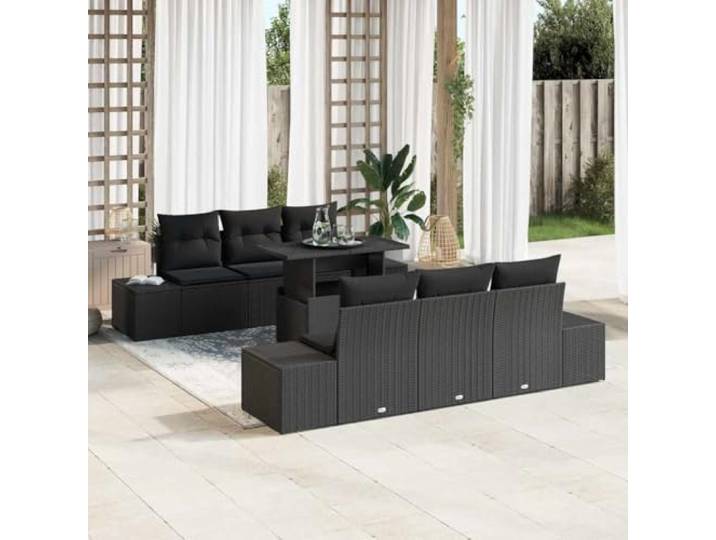 HEFZGDB 7-teiliges Sofaset mit Kissen in Schwarz aus Poly-Rattan, Outdoor höhenverstellbar Möbel für Garten und Terrasse mit modularer Anordnung und Sicherheitsglas-Tischplatte
