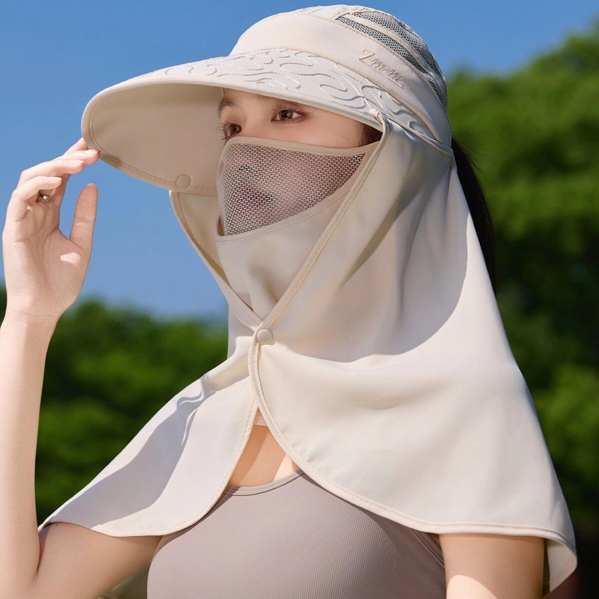 INF Damen Sommer-Sonnenhut mit breiter Krempe und integriertem Nackenüberzug, Polyester-Baumwollmischung, mehrere Farben Beige