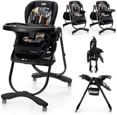 Costway Multifunctional Folding Baby High Chair with Rolling Wheels and Adjustable Height-Black