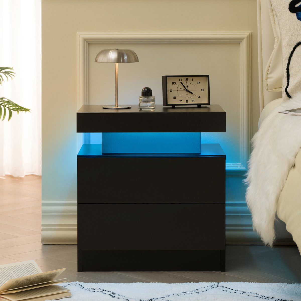 Modern Nachtkastje met LED-verlichting en 2 Lades - Zwart