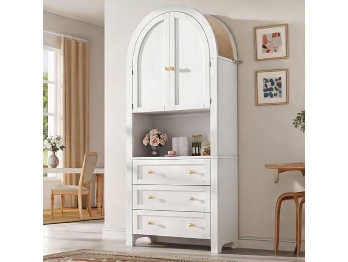 Buffet haut arqué blanc mat MDF 70x35x180 cm 3 tiroirs et portes style incurvé pour salon