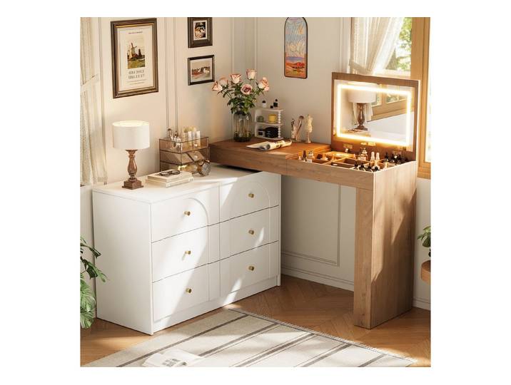 STILVORA Sideboard Drehbarer Schminktisch mit LED Frisiertisch, weiß+Holzoptik