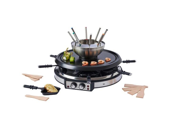 Homeware Profession. Raclette-Grill, Schwarz, Edelstahlfarben, Holz, Metall, Kunststoff, Buche, vollmassiv, 28 cm, RoHS, Lfgb, Reach, CE, Temperaturregler, Kontrollleuchte, antihaftbeschichtete Raclette-Pfännchen, Cool-Touch -Griffe; regelbarer Thermostat, Kochgeschirr, Tischgrills & Fondues, Raclette-Grills