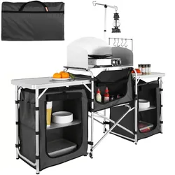 VEVOR Camping-Küchentisch, Klappbarer Outdoor-Kochtisch mit Aufbewahrungstasche, Aluminium-Kochstation mit 3 Schränken und Abnehmbarer Windschutzscheibe, Schneller Aufbau für Picknicks, Grill usw.