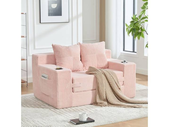 Modenuit Canapé convertible 2 places rose en tissu côtelé coussins porte-gobelet et rangement