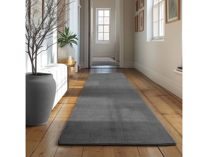 Tapis SIMPEX Runner 80x250 cm Poils Courts Lavable Antidérapant et Doux Design Moderne pour Chambre Gris