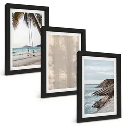 BILDER SET 3er Set - 20x30 cm Schwarzer Rahmen - Sommerlicher Sandstrand mit Meerblick