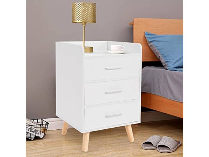 dauyavv Modischer Nachttisch mit 3 Ebenen, mit 4 Holzbeinen, moderner Schlafzimmer-Nachttisch für Schlafzimmer/Badezimmer/Wohnzimmer, Kaffeesnacktisch, große Arbeitsplatten, leicht zu reinigen