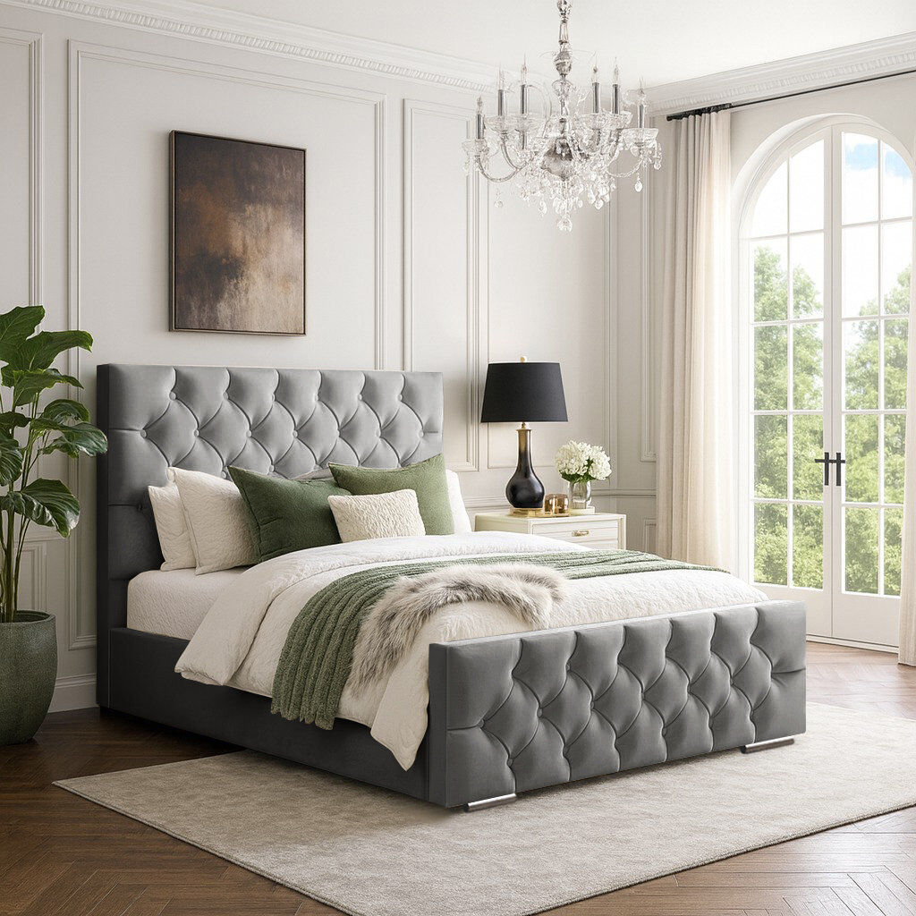 Mercer41 Bollman Upholstered Velvet Bed Grey Double (4'6)