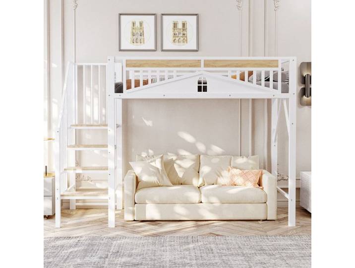 Lit mezzanine en métal 90 x 200 cm avec échelle de sécurité beaucoup d'espace sous le lit pour un endroit gratuit blanc
