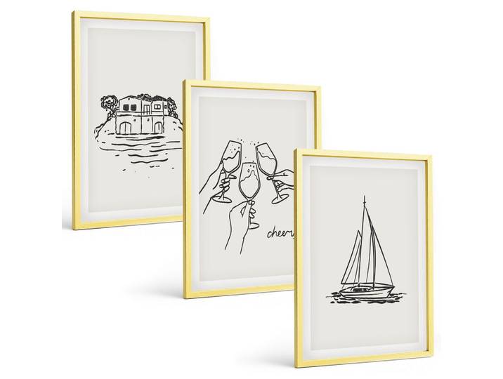 BILDER SET 3er Set - 40x60 cm Goldrahmen - Haus am Wasser, Segelboot-Toast