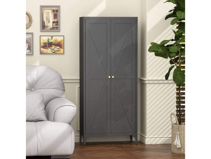 Buffet bas - SOGEU - Design rayé - 2 portes - 4 étagères réglables - Acier noir