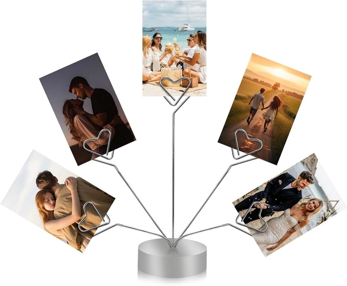 Zilverkleurige hartvormige fotostandaard met vijf clips voor het tonen van foto's, 24 cm
