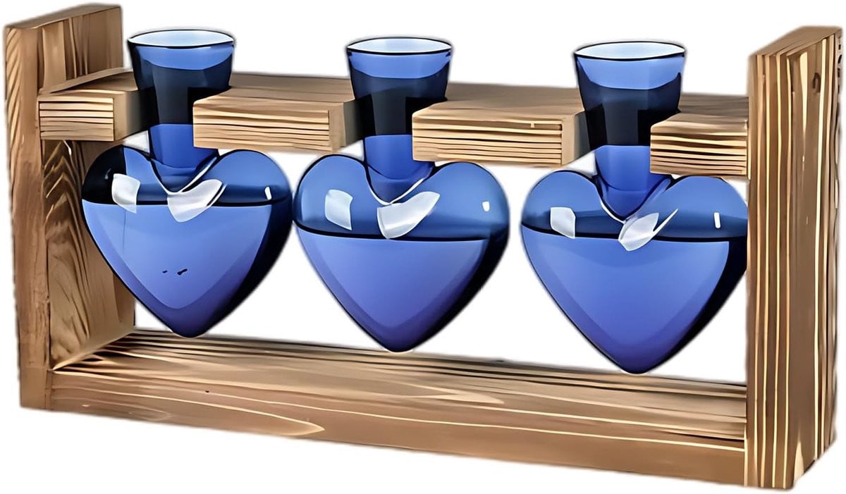 Set van 3 blauwe hartvormige glazen vazen voor decoratie en kweekstation