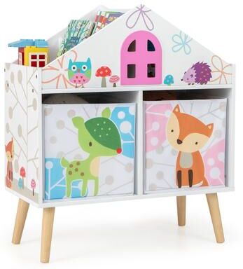 Wooden Toy & Book Organizer Stand Bookcase w/ 2 Storage Bins for Kids
