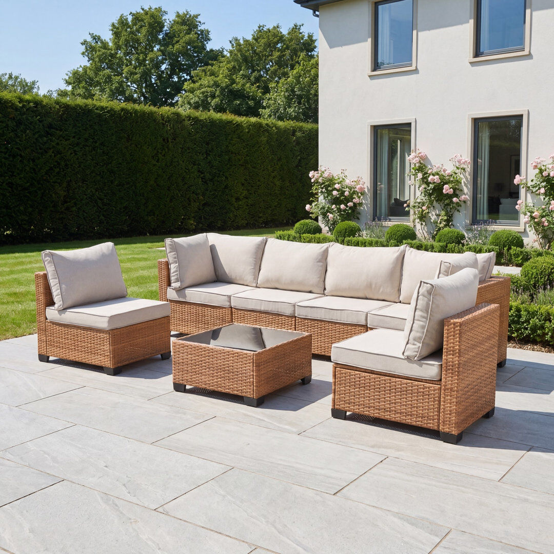 Highland Dunes Saviano 6 Seat Modular Rattan Conversation Set Cream & Tan 6