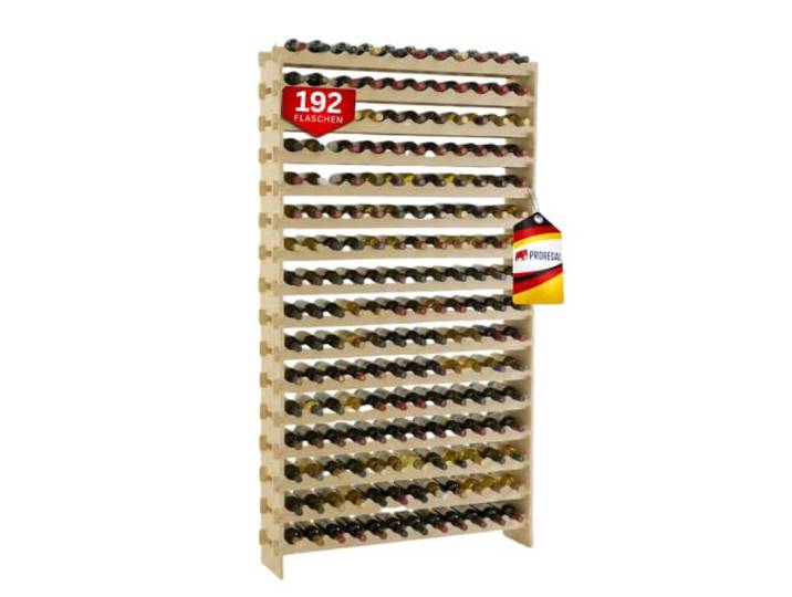 Weinregal NAVARRA aus Holz HxBxT 219x123x28cm ,192 Flaschen auf 16 Ebene Natur unbehandelt, schmal, Flaschenregal, freistehend, Massives Kiefernholz,
