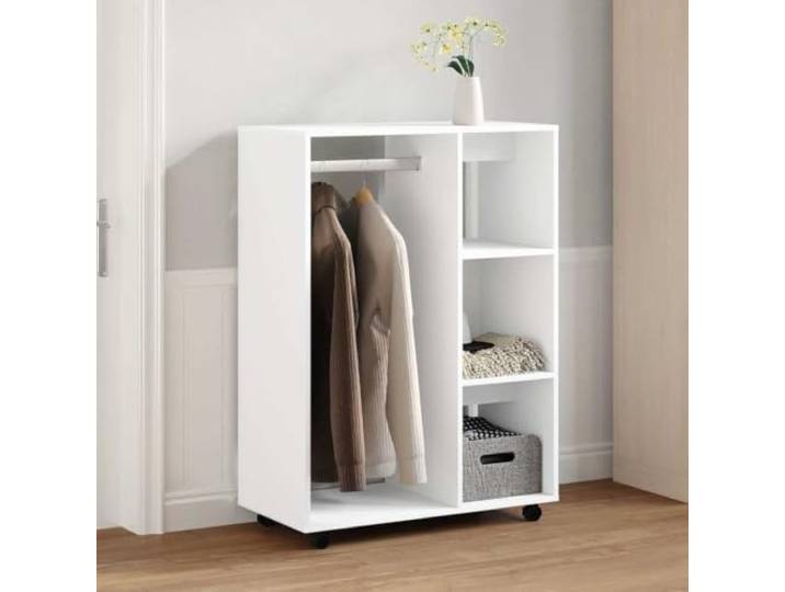 Kleiderschrank Weiß 80x40x110 cm Holzwerkstoff mit Rollen Großes offenes Fach,3 seitliche Ablagen,mobil durch Rollen,feuchtes Tuch zur Reinigung