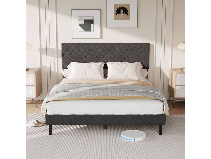 Lit 160 x 200 cm Cadre de Lits avec Sommier à Lattes et Tête Capitonnée Polsterbett pour Adultes Adolescents gris