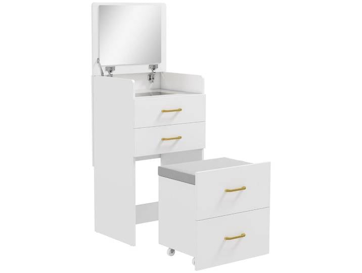 Homcom 3 in 1 Schminktisch mit Hocker, Kosmetiktisch mit Spiegel, 3 Schubladen, Weiß, Nachbildung, Füllung: Polyester, Rechteckig, eckig, 40x90x48 cm, Schlafzimmer, Schminktische