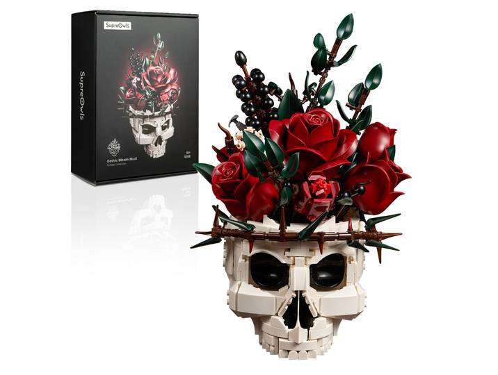 Bouquet de roses squelette et fleurs crânes, ensemble de construction gothique d'horreur, décoration sombre pour la maison, ornement de bureau, cadeau de festival pour adulte