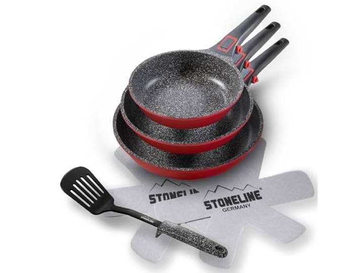STONELINE SMART Pfannenset 6-teilig 20/24/28 cm REDESIGN 25/26 Pfanne Aluguss, Abnehmbarer Griff Pfannenwender Pfannenschützer, Pfanne Induktion, Alle Herdarten, Antihaftbeschichtet mit echten
