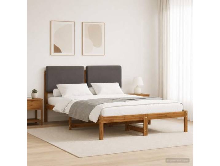 Bett mit Kopfteil aus massivem Akazienholz und Leinenimitat Rechteckiges Bett, gepolstertes Kopfteil, abnehmbarer und waschbarer Bezug, Akazienholz, moderner Stil