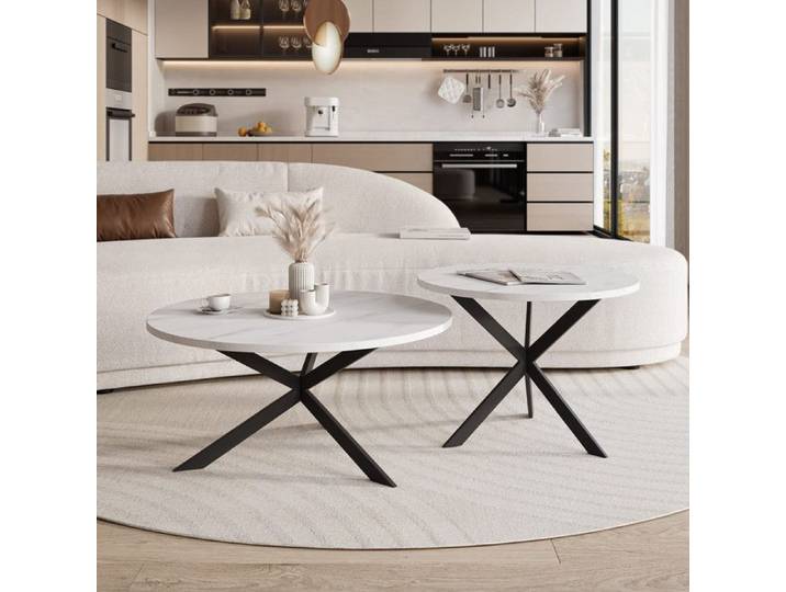 Lot de 2 Tables Basses Gigognes LIBERO - 75/58 cm - Structure en Métal - Moderne Table Basse Ronde - Noir / Bianco