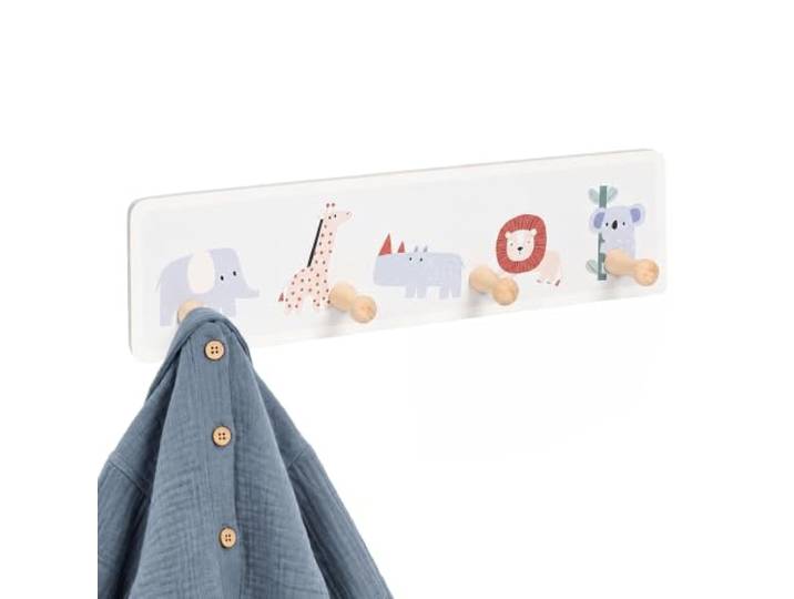 Relaxdays Porte-Manteau Enfant 4 Crochets\, Gris/Naturel motif éléphant girafe hippopotame koala\, MDF pin\, 10x38x5\,5cm