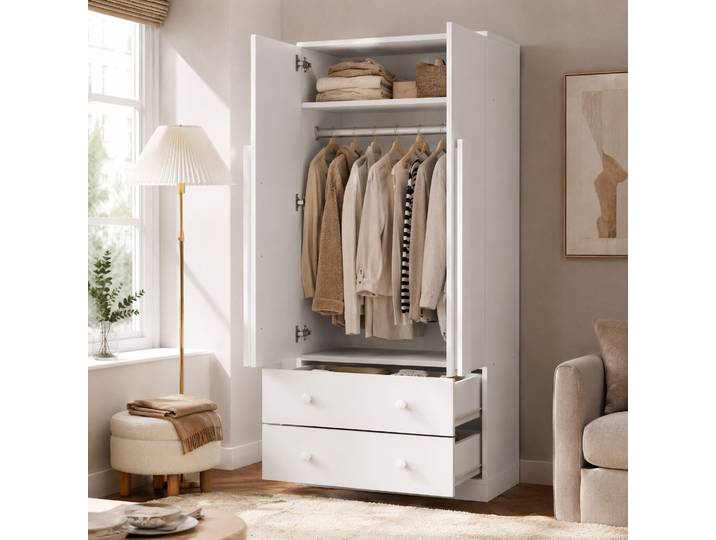 Meubliv Armoire 70x40x170 Cm Blanche – 2 Portes\, 2 Tiroirs Et Étagère