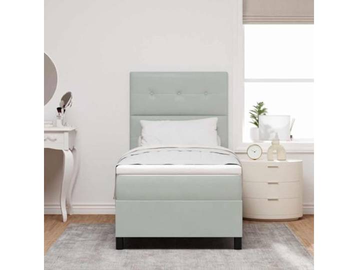 KTHLBRH Boxspringbett hellgrau 90 x 190 cm Samt Kopfteil verstellbar, 2 Höhen, technisches Holz und massives Kiefernholz, mittlere Unterstützung