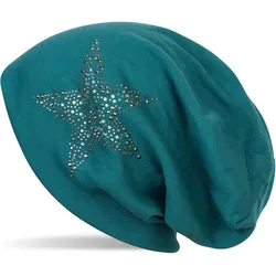 Beanie STYLEBREAKER "Beanie Mütze mit Strass Nieten Stern", Damen, blau (petrol), Obermaterial: 100% Viskose CV., Modisch, Mützen Beanie