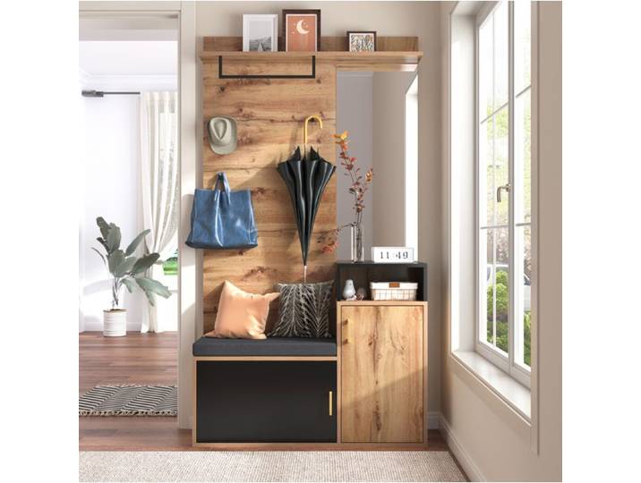 Ensemble D Entrée Vestiaire Avec Miroir Banc À Chaussures Porte Manteau 4 Crochets Tringle Étagère Noir Et Décor Bois