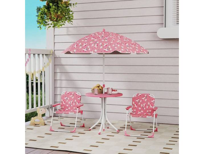 Ensemble table et chaises enfant de jardin 4 pièces rose chaises pliantes parasol amovible motif licornes