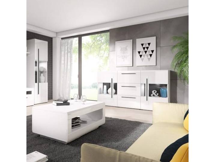 Lomadox Dressoir wit hoogglans set met vitrine en salontafel incl. LED-verlichting