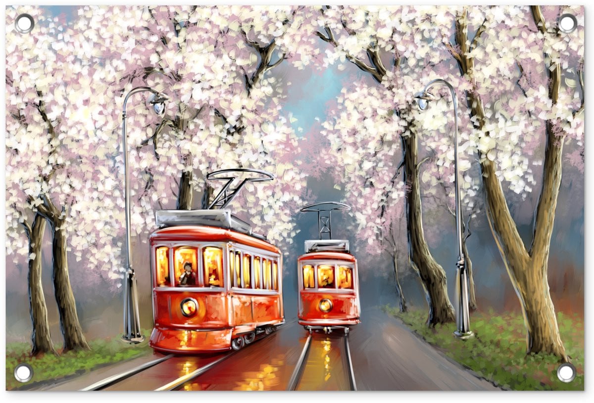Tuinposter Bloesemboom met Tram - Olieverf Schilderij voor Buiten Decoratie - Breedte: 60 cm, Hoogte: 40 cm