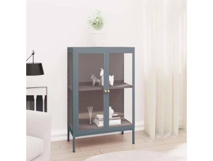 RJPLMFV Anrichte, Anthrazit, 75 x 35 x 105 cm, Stahl und Glas Verstellbare Regale, verstellbare Füße, Glastür, Aufbewahrung für Bücher und Dekoration