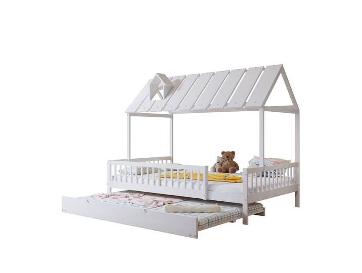 Rutaqian Hausbett Kinderbett mit Schornstein Rausfallschutz mit 3-seitigem Gitter (Hausbett mit Rollbett, Eltern-Kind-Bett 120x200/190 cm( ohne Matratze)