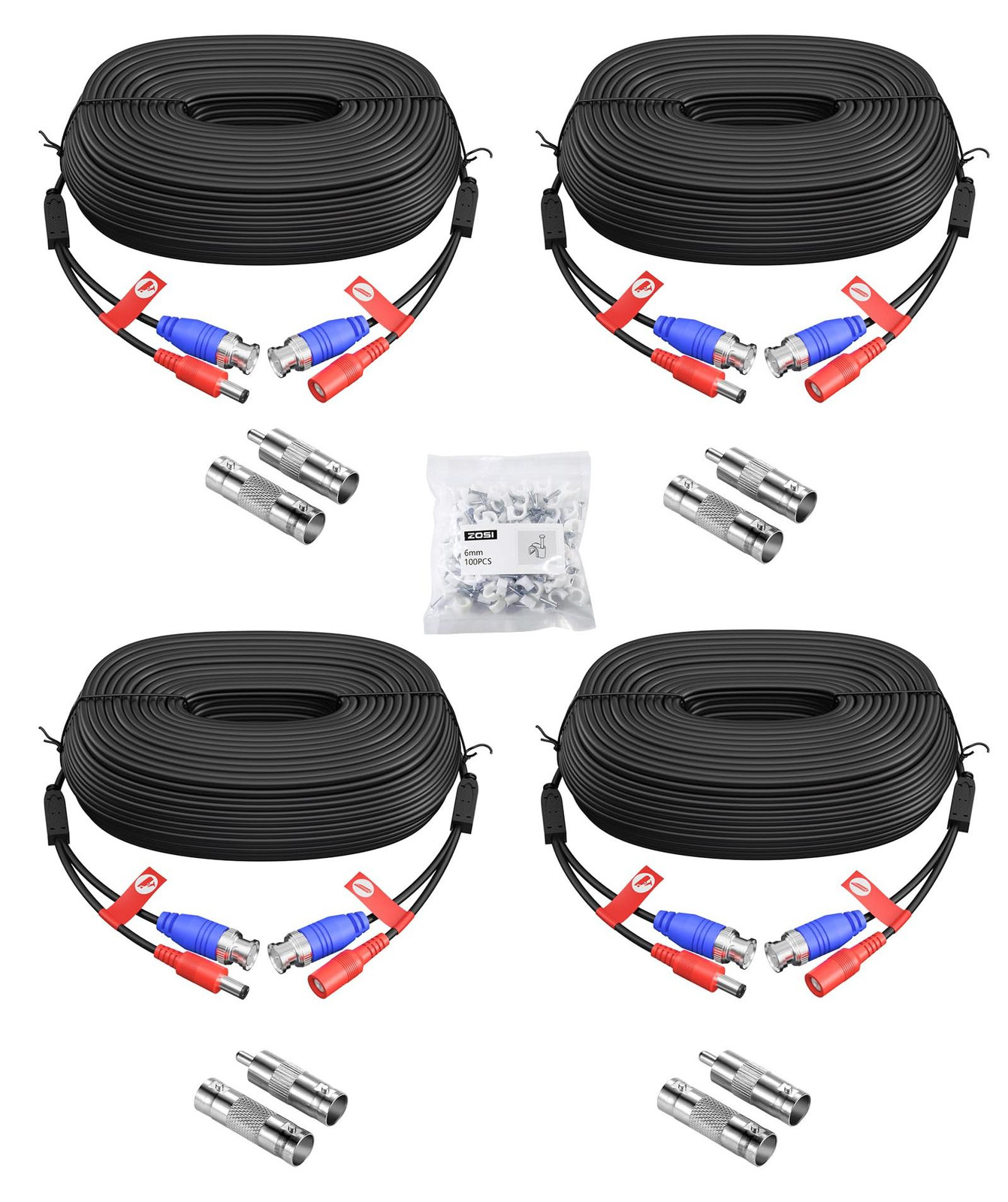 ZOSI 4x 30 meter BNC videokabel CCTV verlengkabel met BNC-RCA adapter