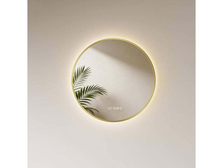 Emke Badspiegel mit LED-Beleuchtung, Anti-Beschlag-Funktion und Uhrzeitanzeige, Goldfarben, Ø 80 cm, Glas, Rund, 80x80x3 cm, Badezimmer, Badezimmerspiegel, Badspiegel
