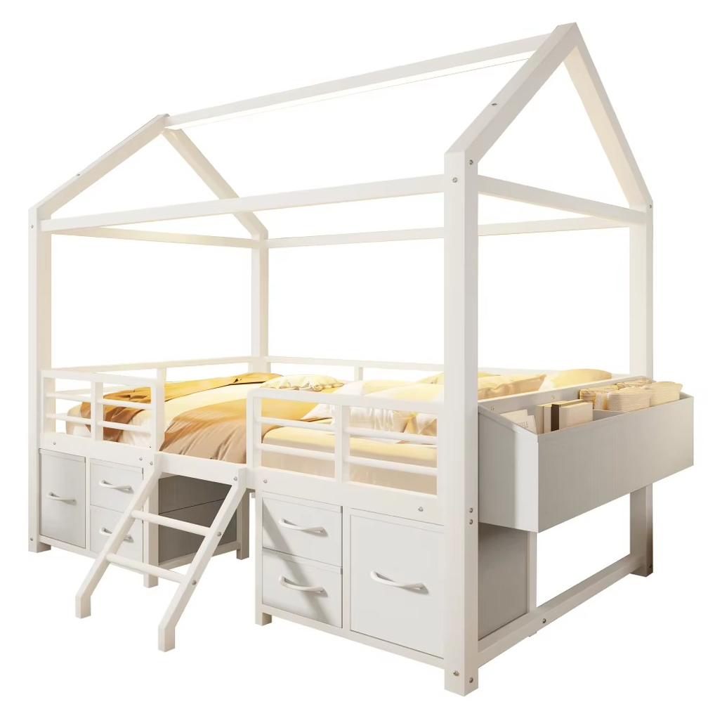 Kinderloftbett - Hochbett mit Spielhausdach - 90 x 200 cm - Metall - Stoff-Aufbewahrungsschubladen - Weiß - Matratze nicht enthalten