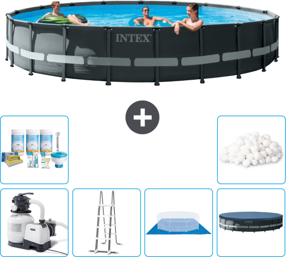 Intex Round Ultra XTR Frame Swimming Pool - 610 x 122 cm - inklusive Pumpe - Leiter - Bodenplane - Abdeckung Wartungspaket - Filterbälle
