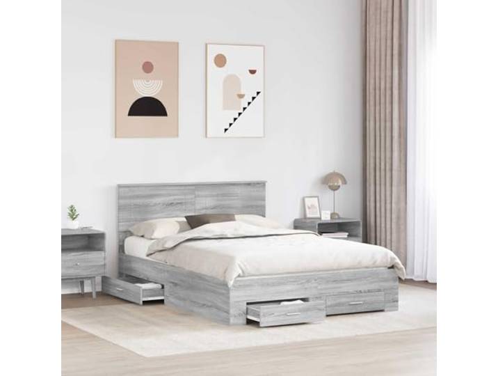 SKTQYQO Bettgestell mit Kopfteil, Sonoma-Grau, 150 x 200 cm Technisches Holz, Behälter mit Schubladen, Lattenrost, silberfarbene Griffe, einfache Reinigung