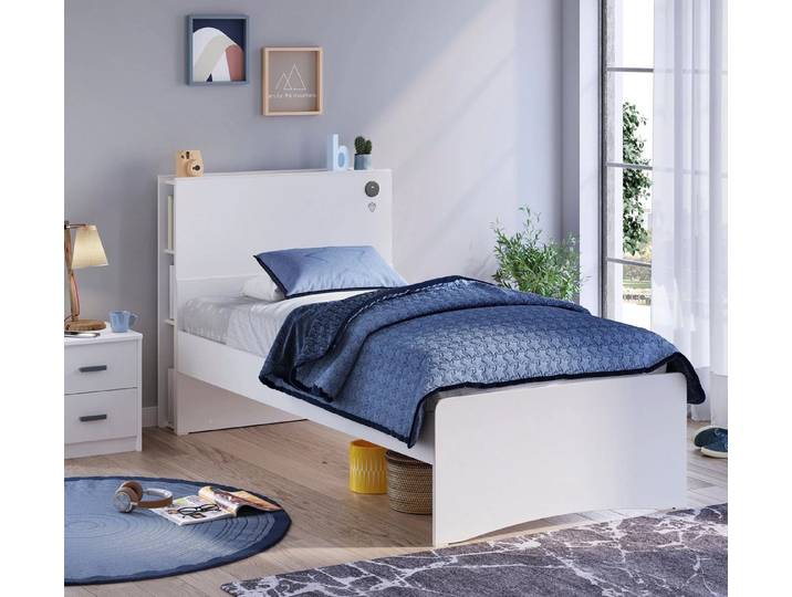 Möbel-Zeit Bett WHITE, Kopfteil mit integriertem Regal, 100x200 -120x200 cm, Optional mit Matratze
