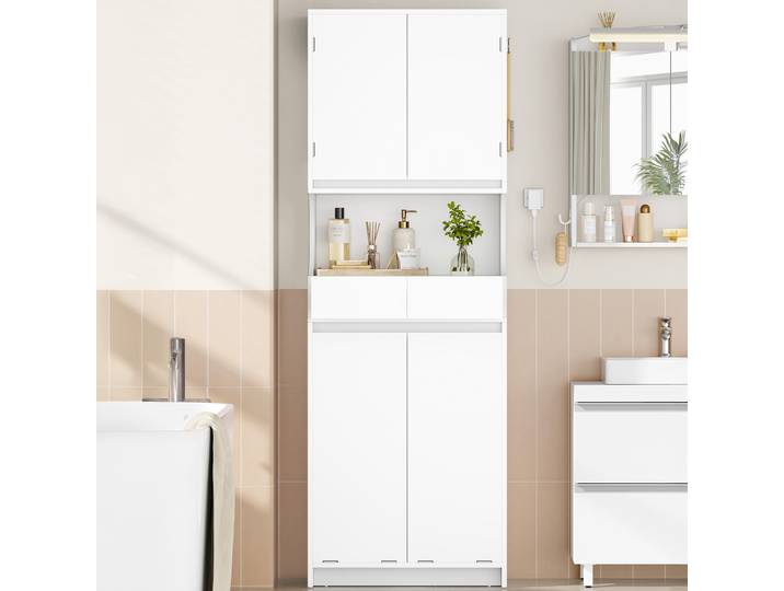 Armoire de salle de bain haute avec paniers à linge, armoire à linge avec 2 paniers à linge, étagères réglables, 2 tiroirs, pour salle de bain