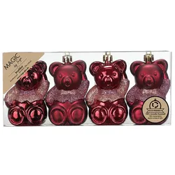 4 Christbaumschmuck Teddybären 8cm Kunststoff Christbaumkugeln Glitzer Weihnachtskugeln Weihnachtsbaumkugeln Weihnachtsdeko Uni Bruchsicher Weinrot