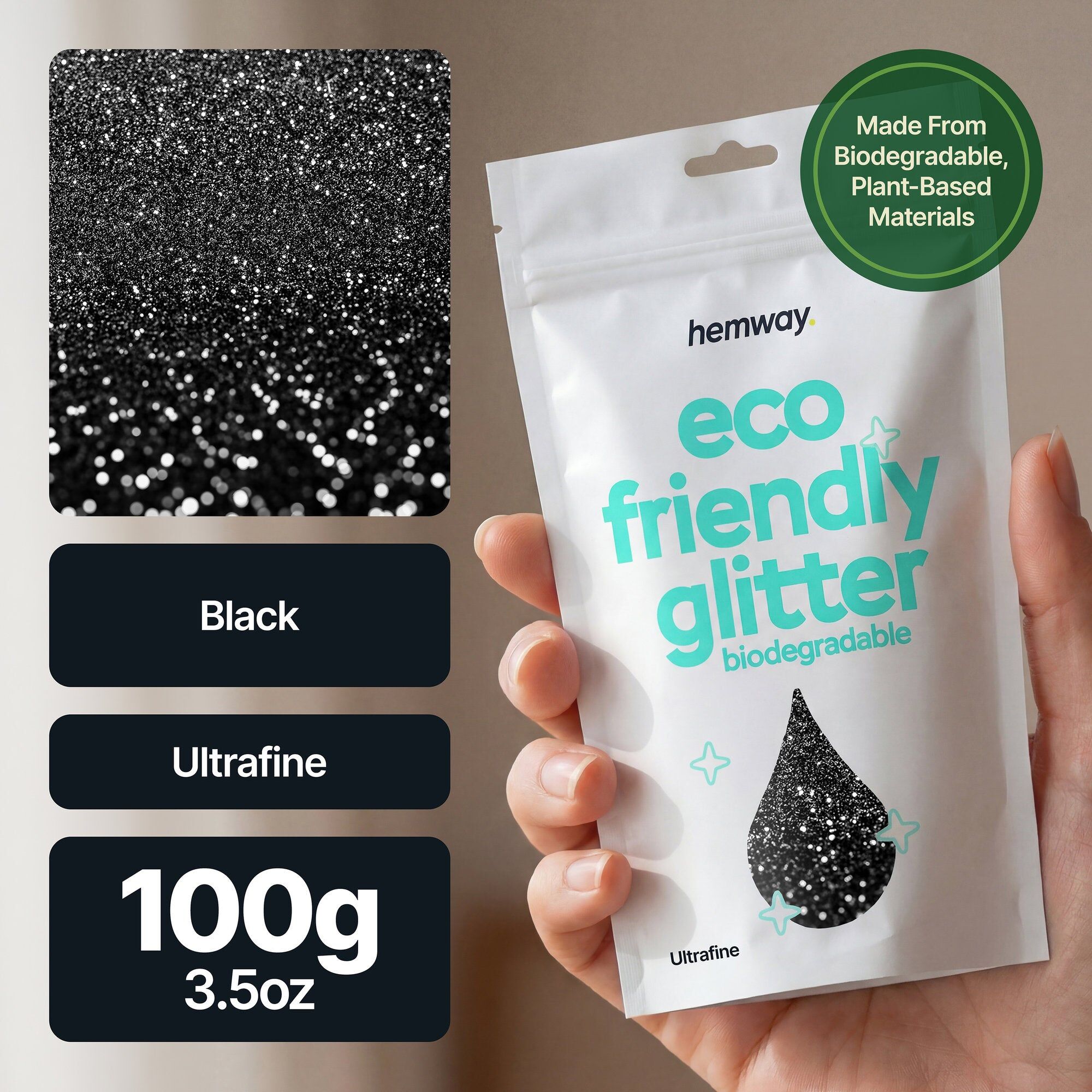 Hemway Biodegradable Eco Friendly Glitter 100g / 3.5oz   Black   DIY, Decoration, Arts & Crafts - Black - Ultrafine 100g